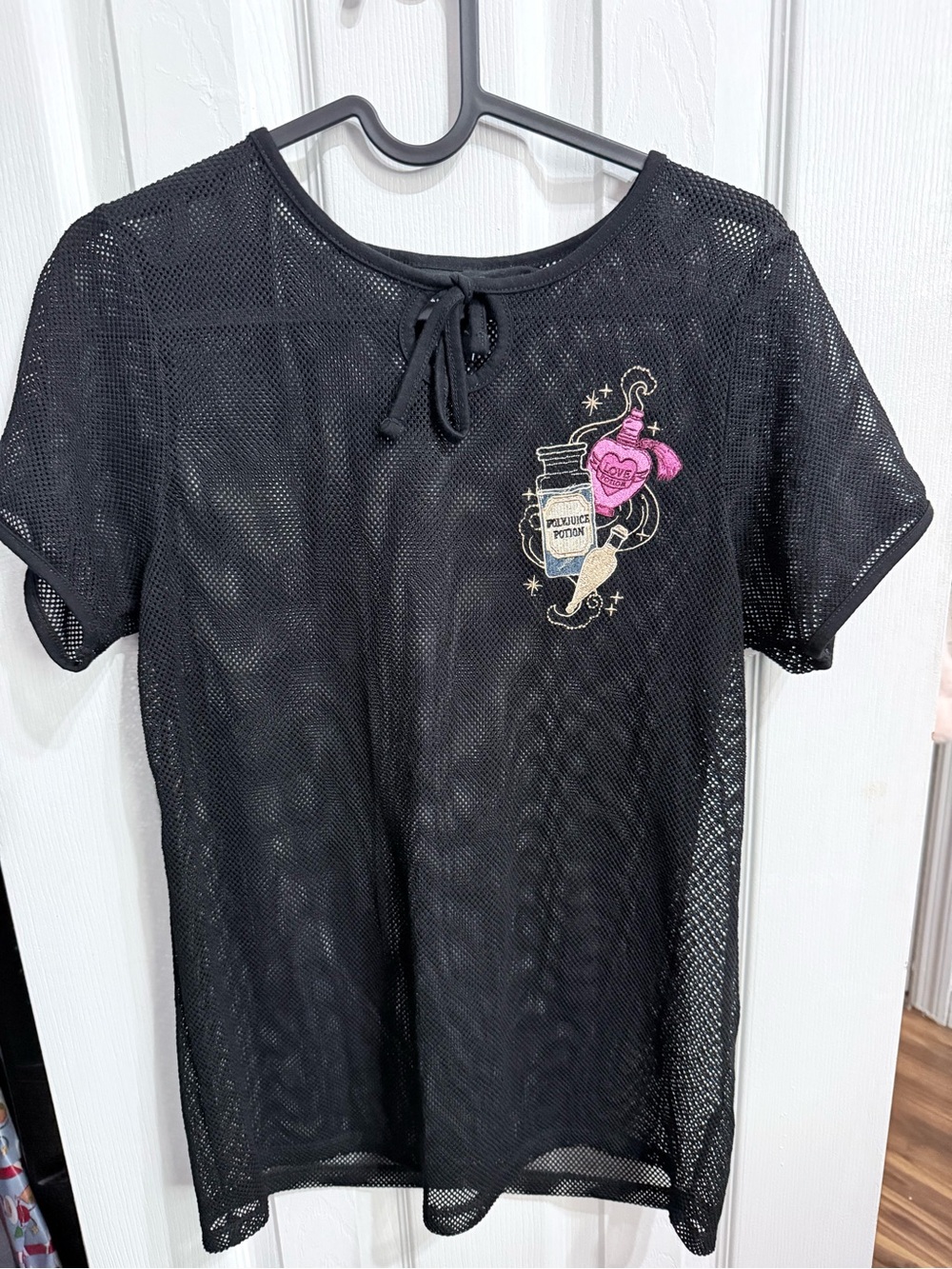 Black Mesh Short-Sleeve Top with Embroidered Potion Patch